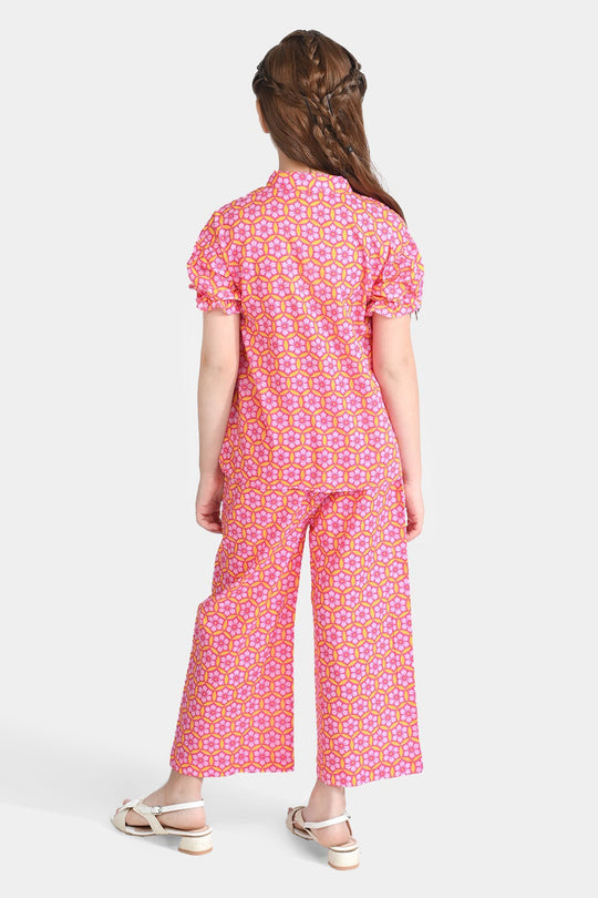 Girls Cotton Poplin Co-Ord Set Pink Geometric-Pink