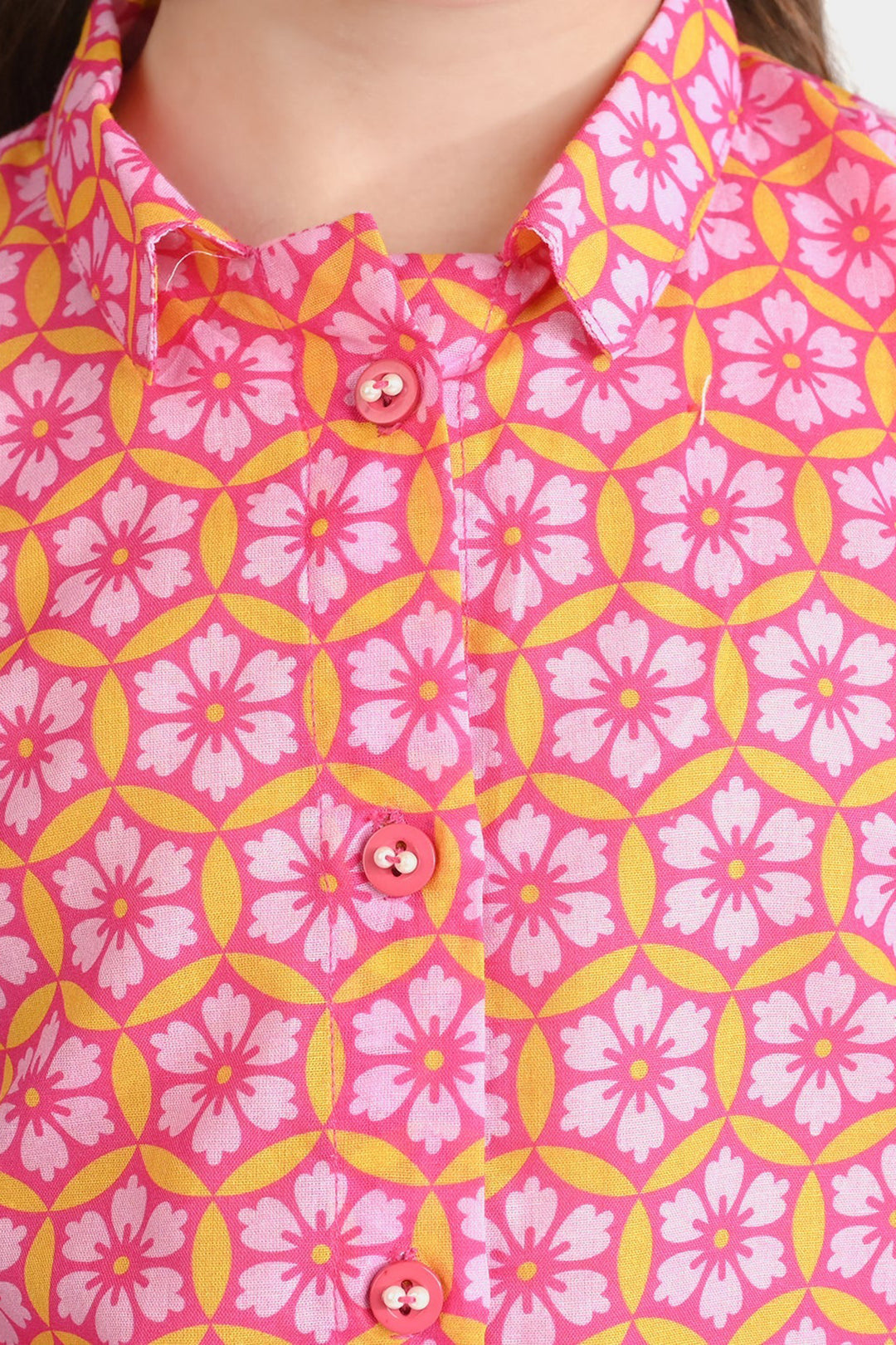 Girls Cotton Poplin Co-Ord Set Pink Geometric-Pink