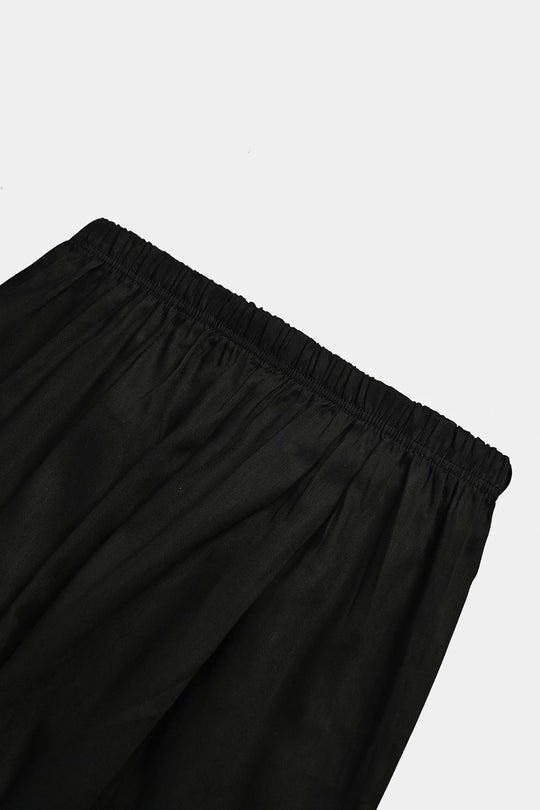 Girls Cotton Flower Emb Straight Pant-BLACK