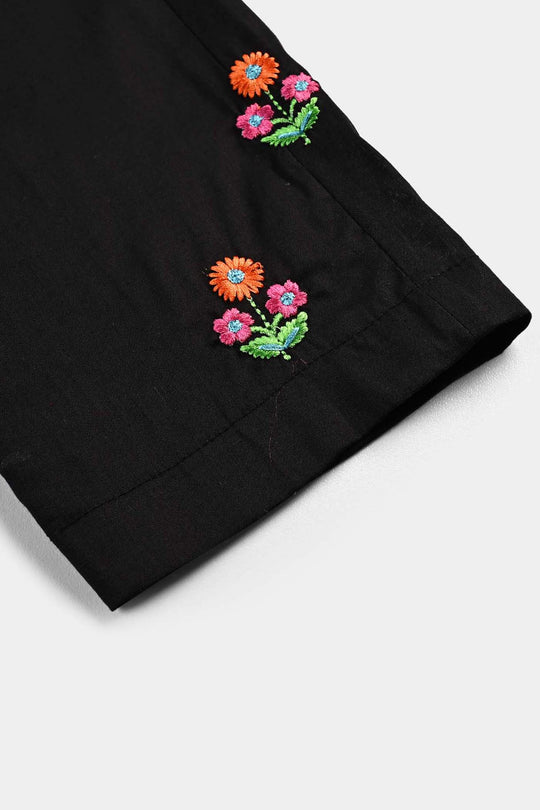 Girls Cotton Flower Emb Straight Pant-BLACK