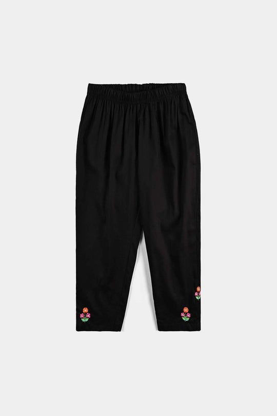 Girls Cotton Flower Emb Straight Pant-BLACK