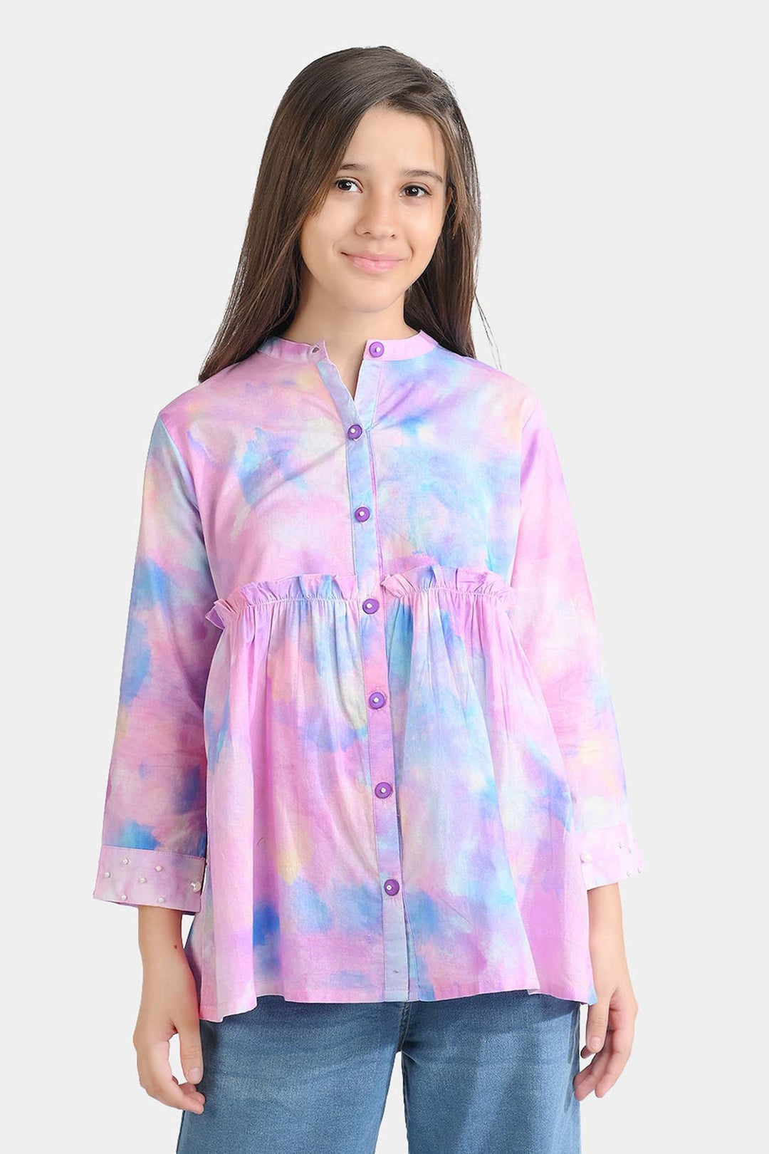 Girls Cotton Poplin Casual Top Puffy Pink-Multi