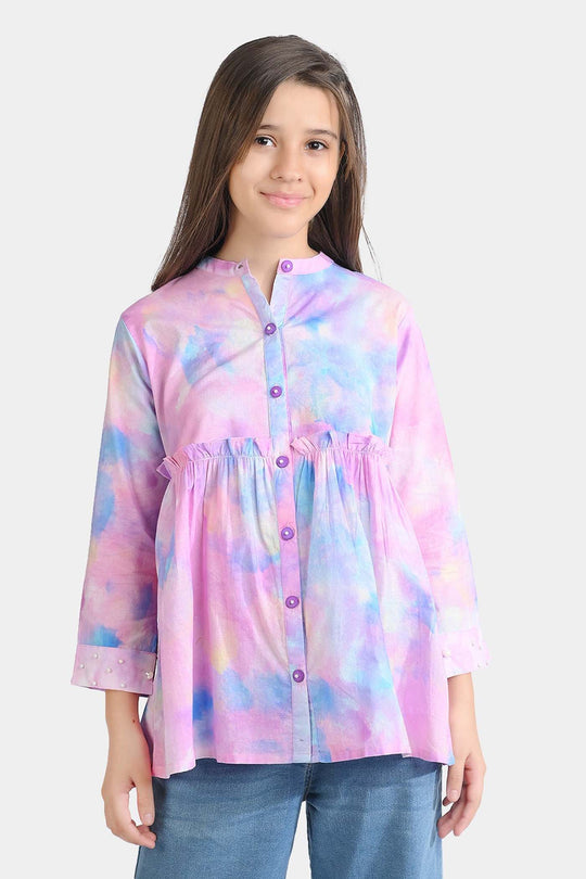 Girls Cotton Poplin Casual Top Puffy Pink-Multi
