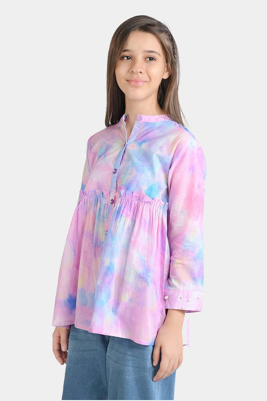 Girls Cotton Poplin Casual Top Puffy Pink-Multi