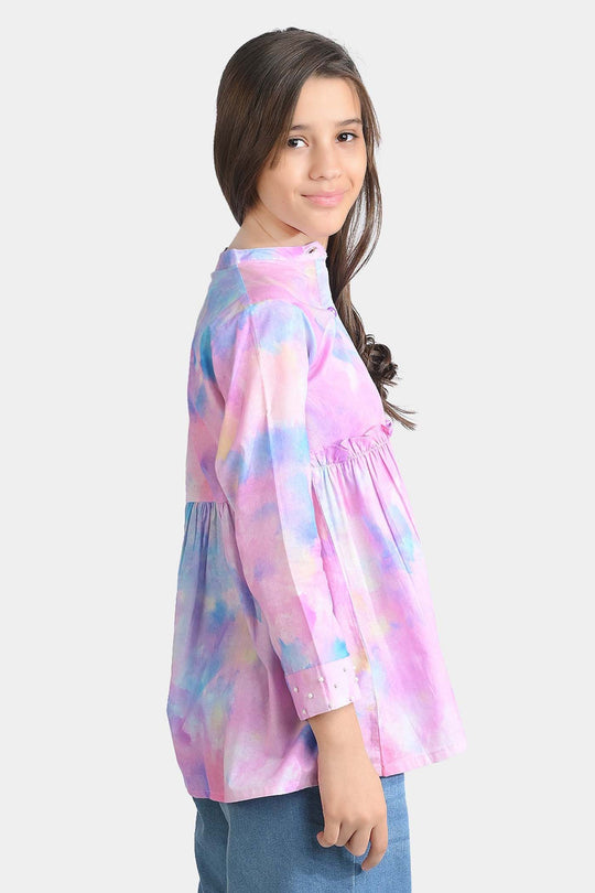 Girls Cotton Poplin Casual Top Puffy Pink-Multi