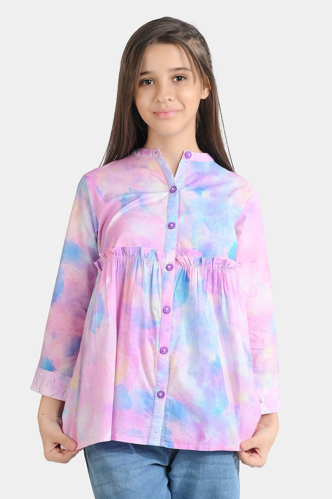 Girls Cotton Poplin Casual Top Puffy Pink-Multi