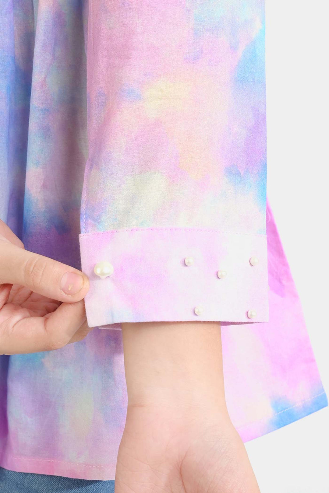 Girls Cotton Poplin Casual Top Puffy Pink-Multi