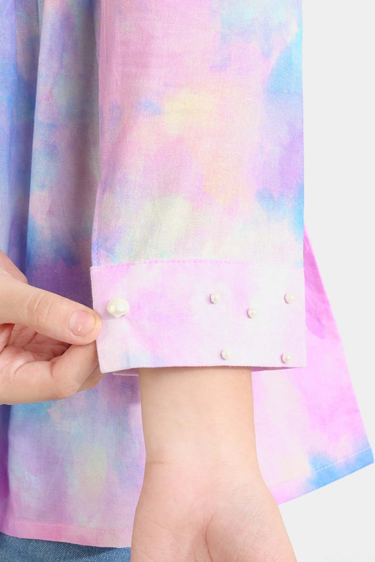 Girls Cotton Poplin Casual Top Puffy Pink-Multi