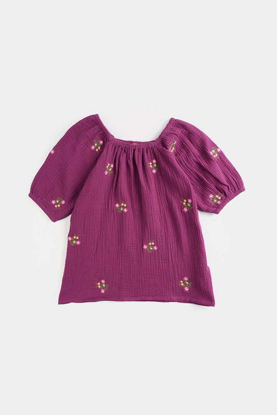 Girls Poly Cotton EMB Top Bouquet-Purple