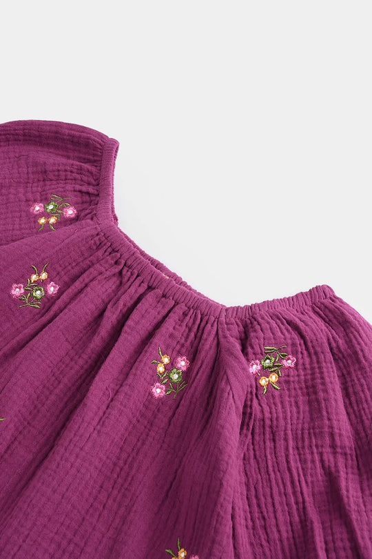 Girls Poly Cotton EMB Top Bouquet-Purple