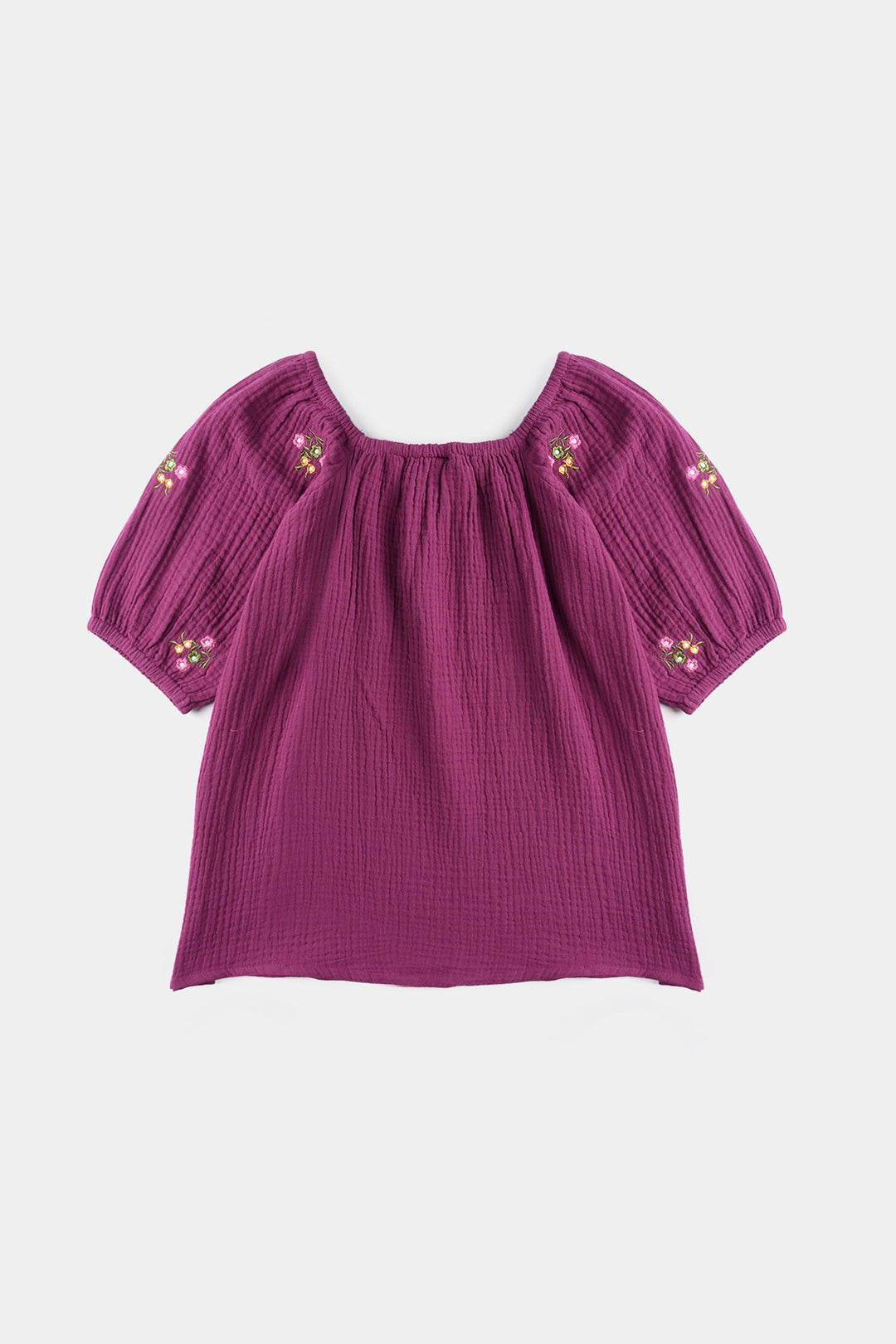 Girls Poly Cotton EMB Top Bouquet-Purple