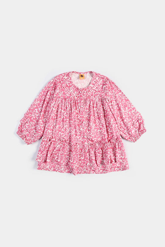 Girls Cotton Viscose Casual Top Pink Gathers-Multi
