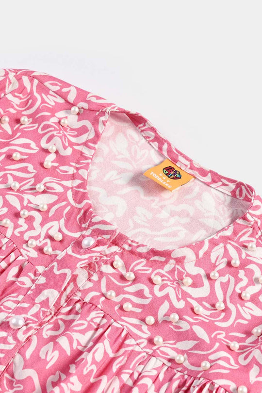 Girls Cotton Viscose Casual Top Pink Gathers-Multi