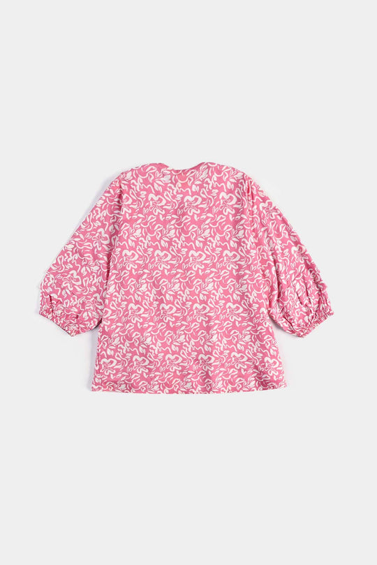 Girls Cotton Viscose Casual Top Pink Gathers-Multi