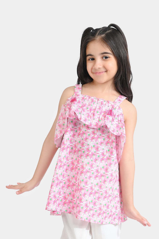Girls Cotton Poplin Casual Top Pink Daisy