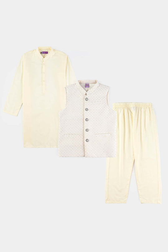 Boys Poly Viscose 3 Piece Suit (Square PKT)-Off White