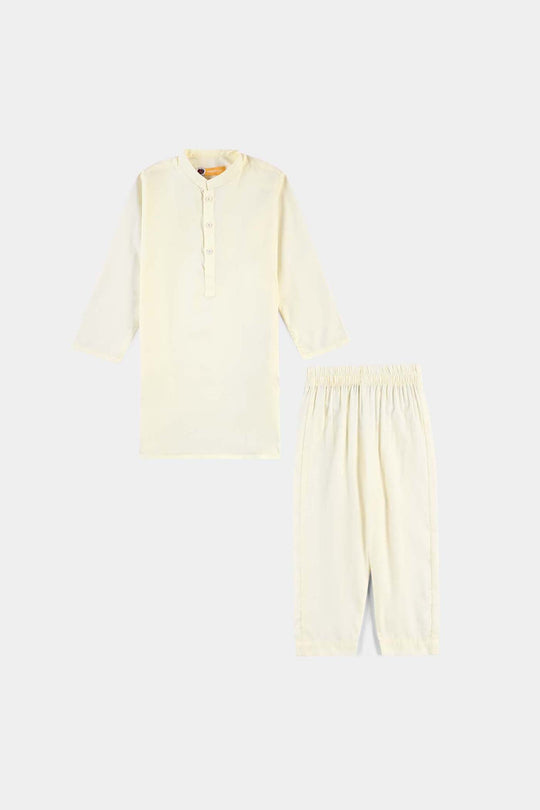 Boys Poly Viscose Kurta Pajama Suit (Square PKT)-Off White