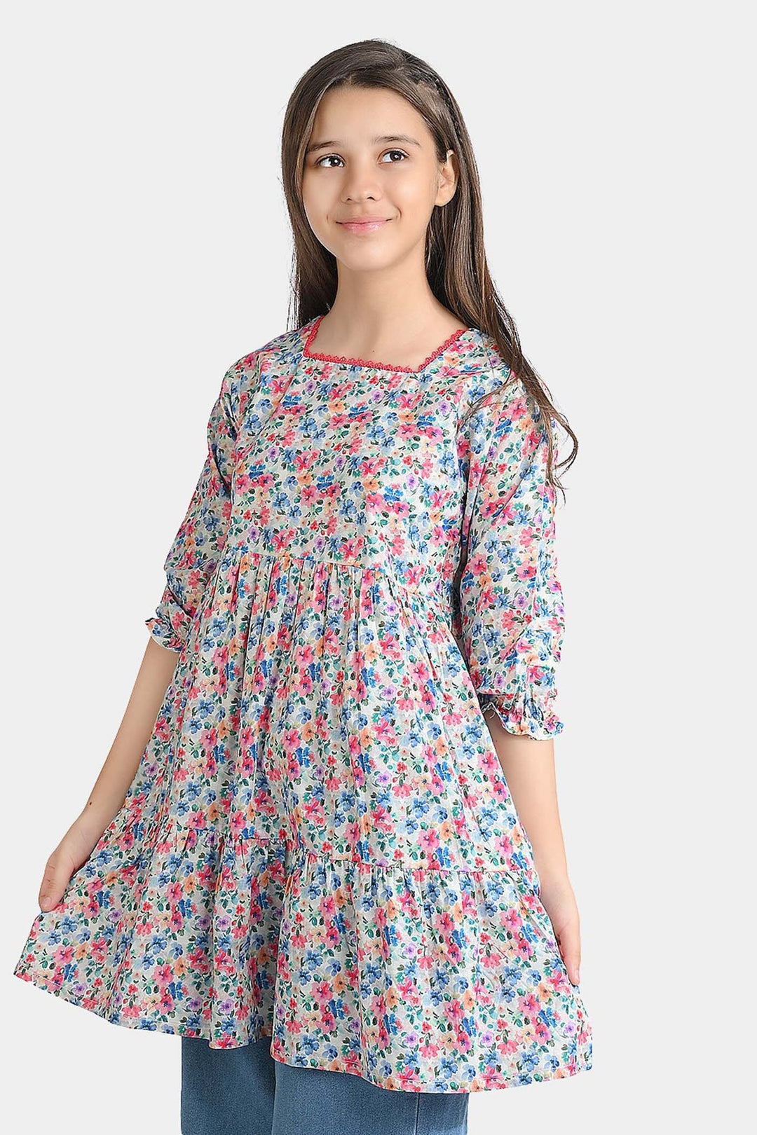 Girls Cotton Poplin Casual Frock Mix Floral-Multi