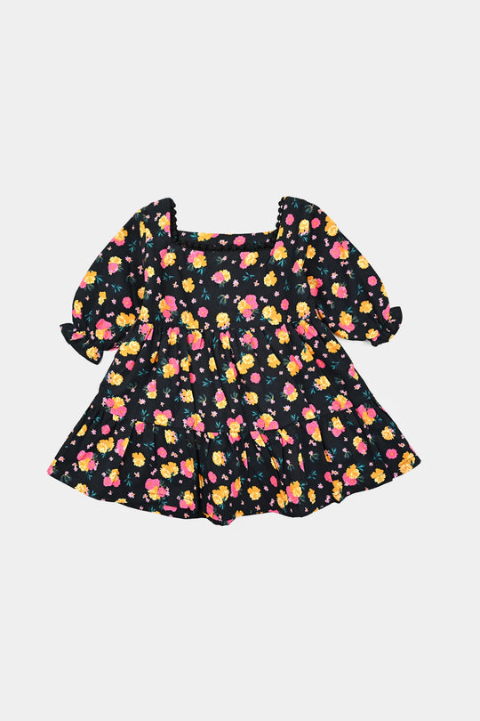 Infant Girls Cotton Poplin Casual Frock Yellow Flower-BLACK