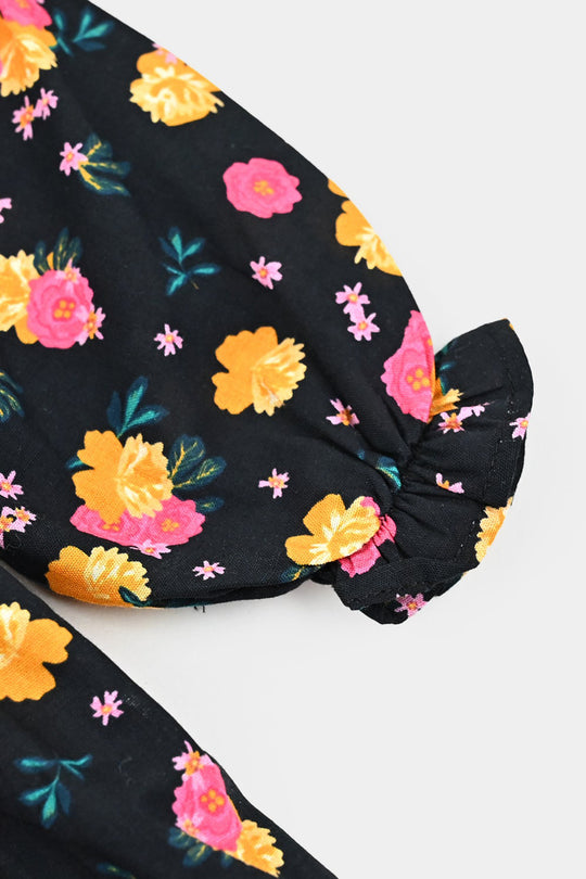 Infant Girls Cotton Poplin Casual Frock Yellow Flower-BLACK