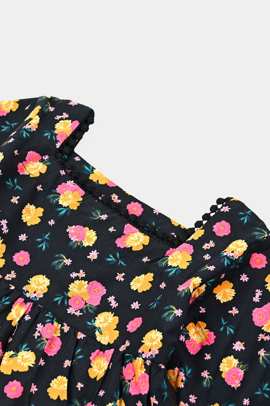 Infant Girls Cotton Poplin Casual Frock Yellow Flower-BLACK