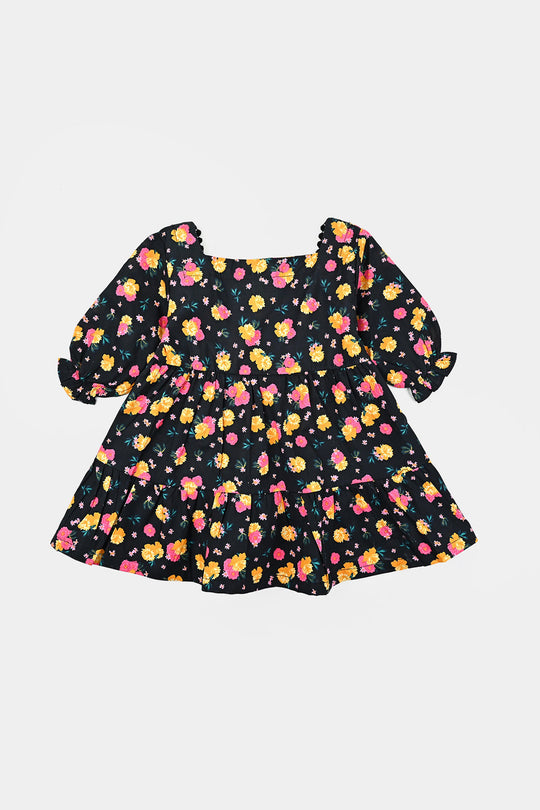 Infant Girls Cotton Poplin Casual Frock Yellow Flower-BLACK
