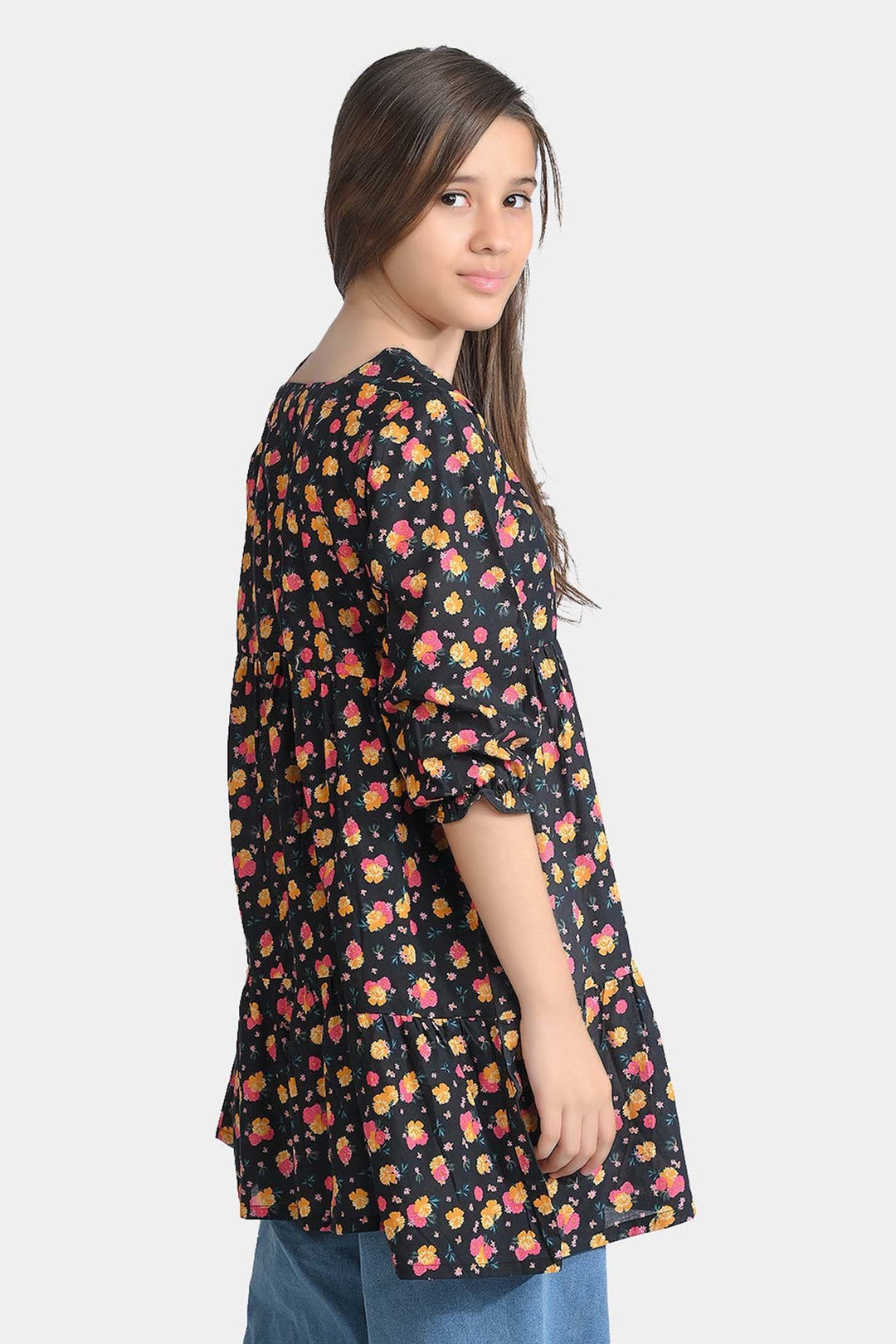 Girls Cotton Poplin Casual Frock Yellow Flower-BLACK