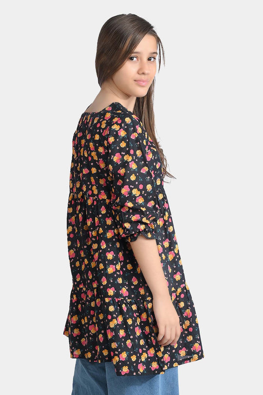 Girls Cotton Poplin Casual Frock Yellow Flower-BLACK