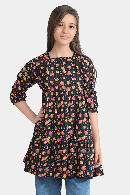 Girls Cotton Poplin Casual Frock Yellow Flower-BLACK