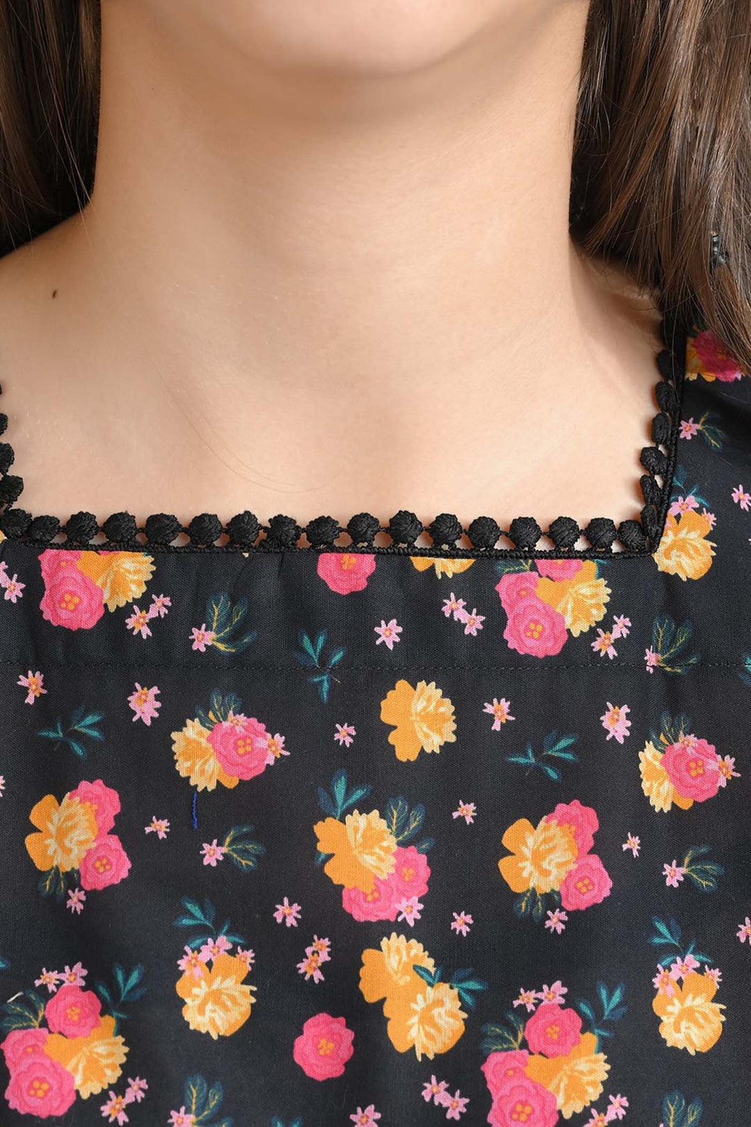 Girls Cotton Poplin Casual Frock Yellow Flower-BLACK