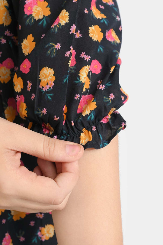 Girls Cotton Poplin Casual Frock Yellow Flower-BLACK