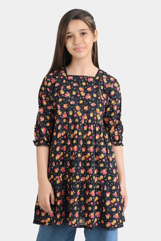Girls Cotton Poplin Casual Frock Yellow Flower-BLACK