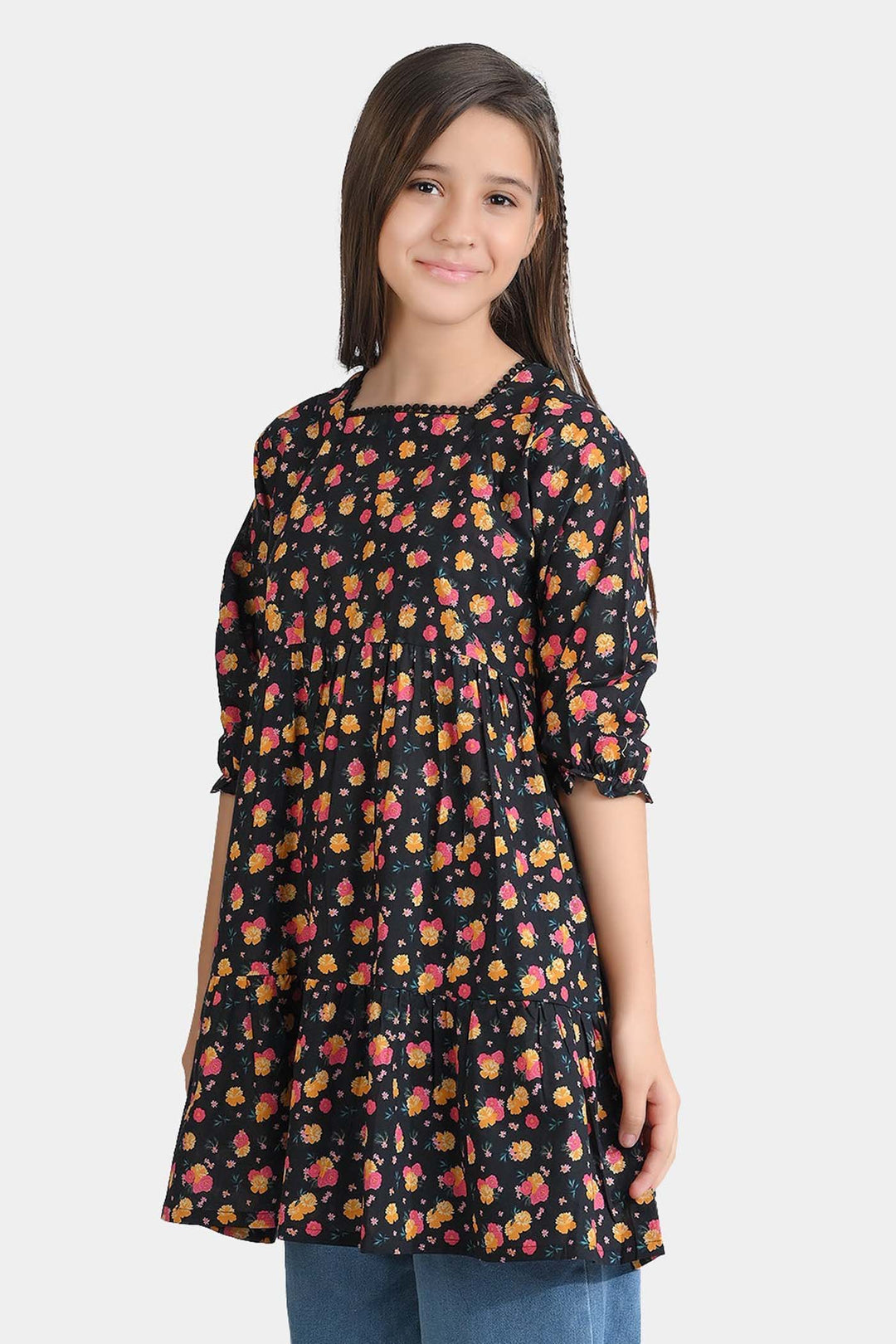Girls Cotton Poplin Casual Frock Yellow Flower-BLACK