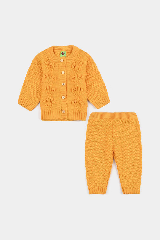 Infant Girls Acrylic Suit-Pompom Knitting-Mustard