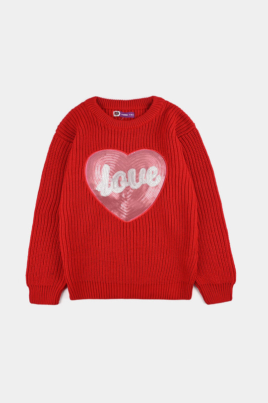 Girls Acrylic Sweater-Sequence Heart-Red