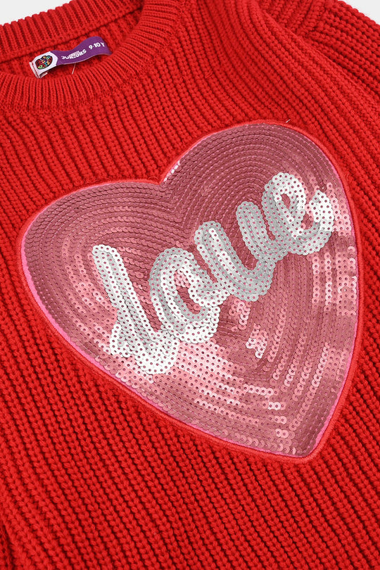 Girls Acrylic Sweater-Sequence Heart-Red