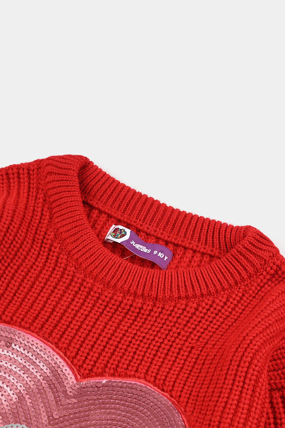 Girls Acrylic Sweater-Sequence Heart-Red