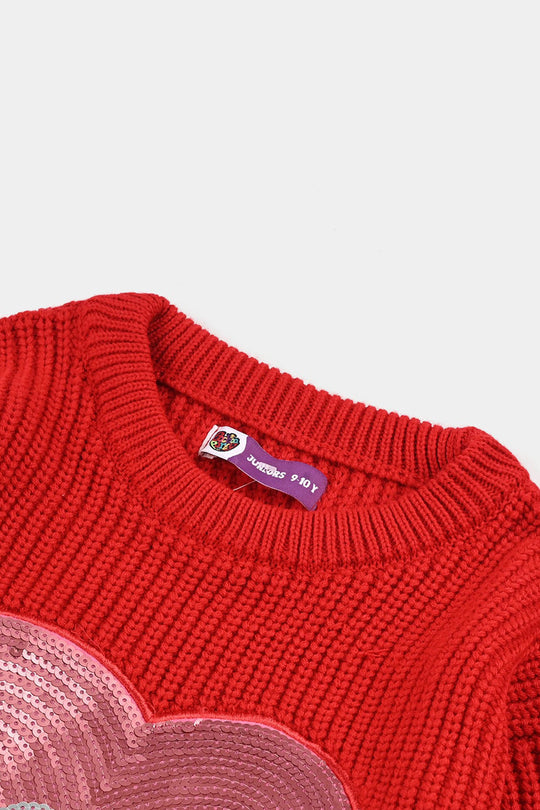 Girls Acrylic Sweater-Sequence Heart-Red