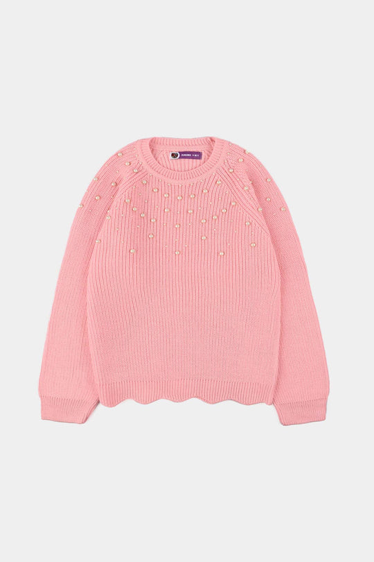 Girls Acrylic Sweater-Pearls-L.Pink