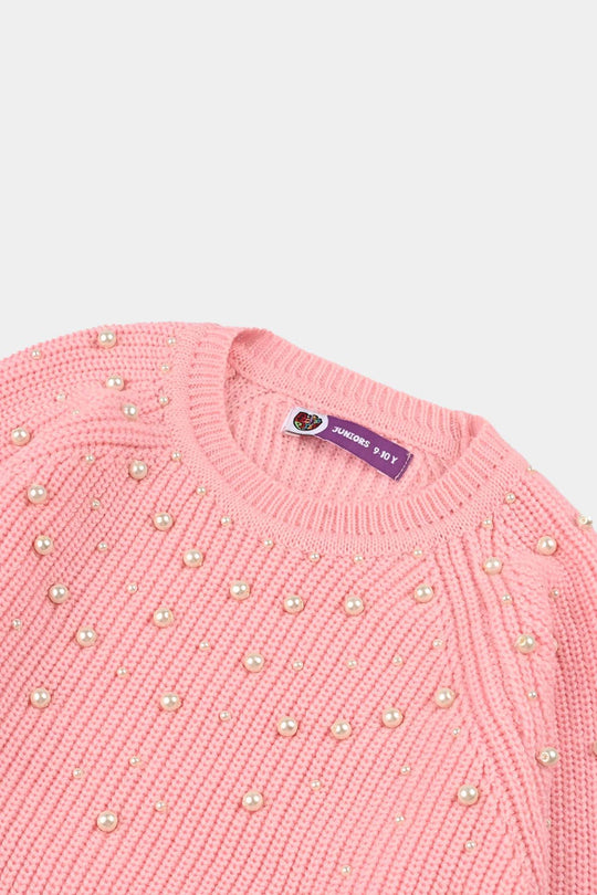 Girls Acrylic Sweater-Pearls-L.Pink