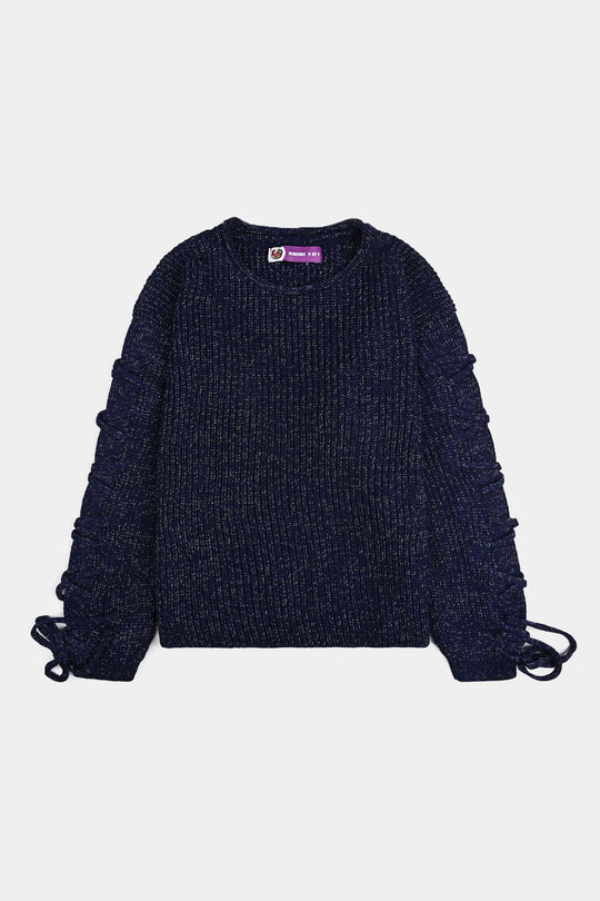Girls Acrylic-Feather Lurex Sweater-NAVY