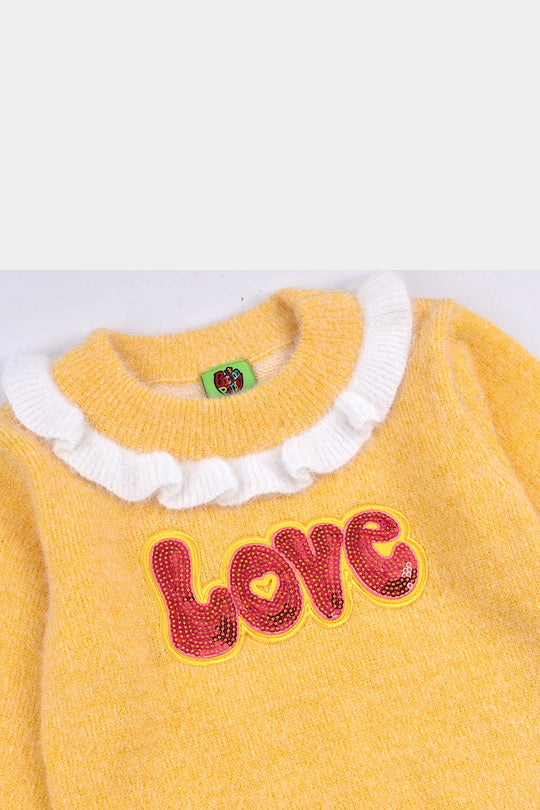 Infant Girls Acrylic-Crystal Feather Sweater-Love Sequence-Yellow