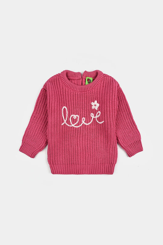 Infant Girls Acrylic Sweater-Love EMB-H.Pink