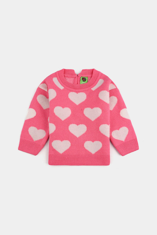 Infant Girls Acrylic-Feather Lurex Sweater-Feather Heart-Pink