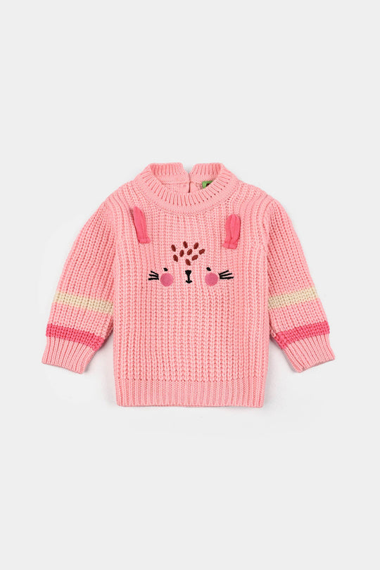 Infant Girls Acrylic Sweater-Cute Face - Pink