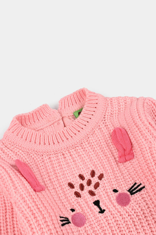 Infant Girls Acrylic Sweater-Cute Face - Pink