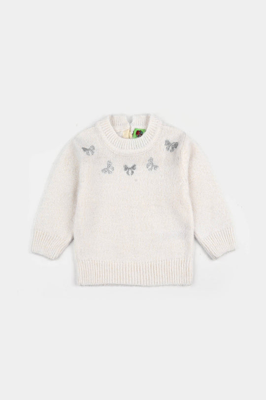 Infant Girls Acrylic-Feather Lurex Sweater-Lurex Bow - Off White