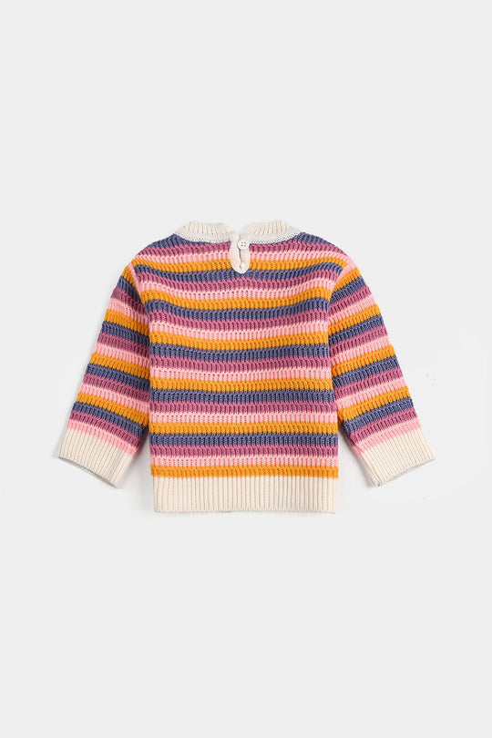 Infant Girls Acrylic Sweater-Stripe & Flower - Multi
