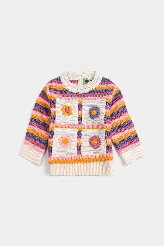 Infant Girls Acrylic Sweater-Stripe & Flower - Multi