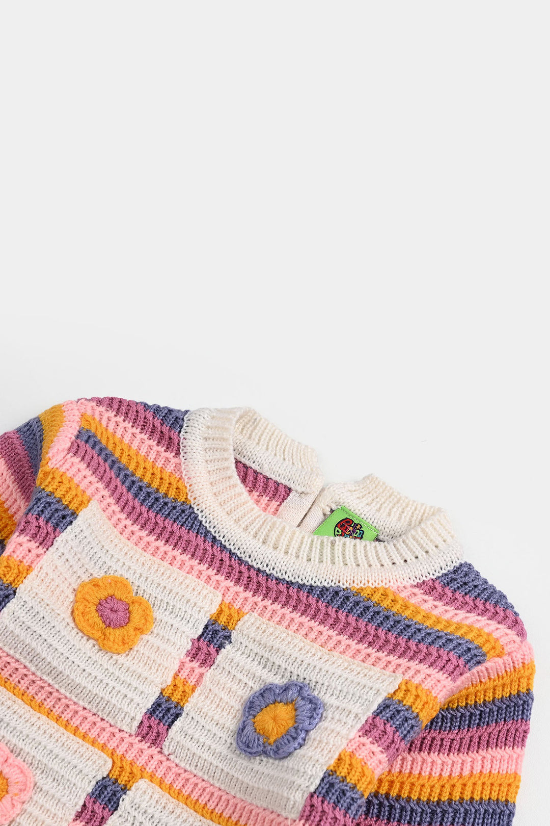 Infant Girls Acrylic Sweater-Stripe & Flower - Multi